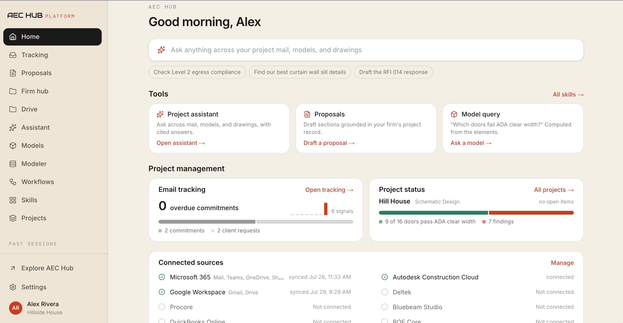 Current AEC Hub Platform home showing project status, connected sources, tools, and grounded project intelligence
