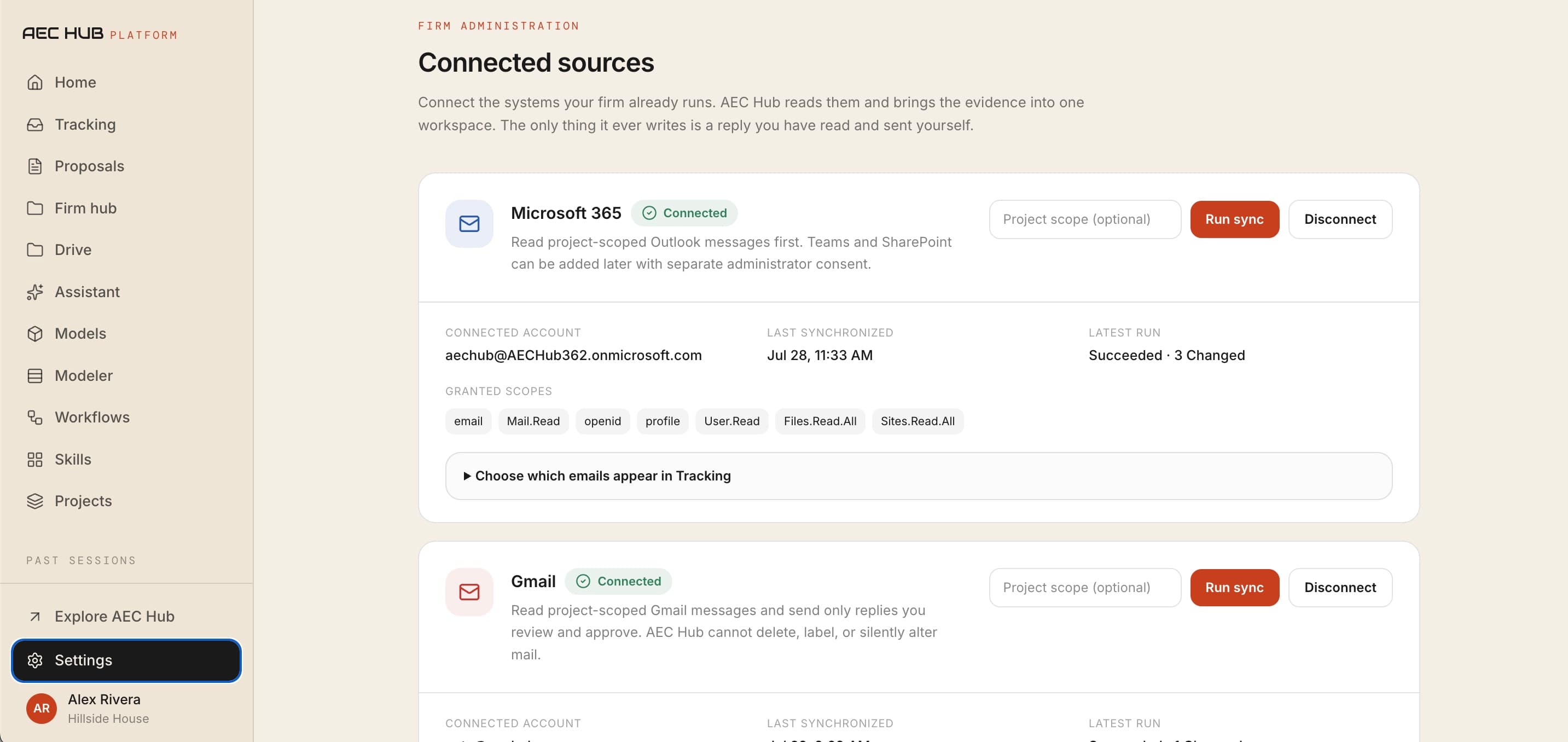 AEC Hub firm administration showing connected Microsoft 365 and Gmail sources, permissions, and synchronization status